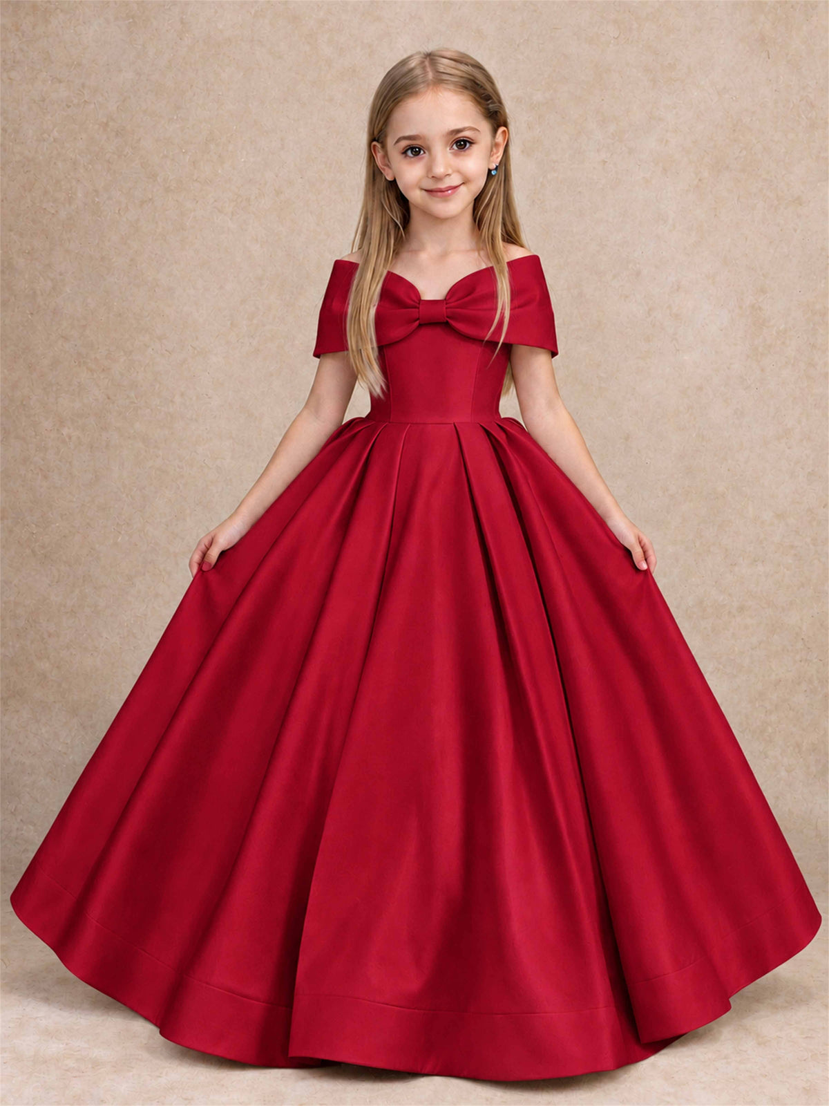 Off Shoulder Satin Flower Girl Dress with Bow Floor Length Princess Gown for Wedding First Communion