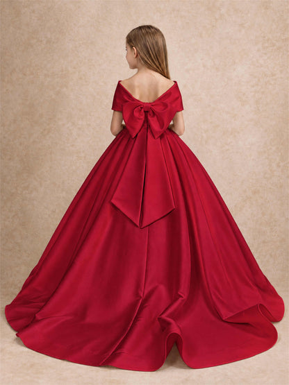 Off Shoulder Satin Flower Girl Dress with Bow Floor Length Princess Gown for Wedding First Communion