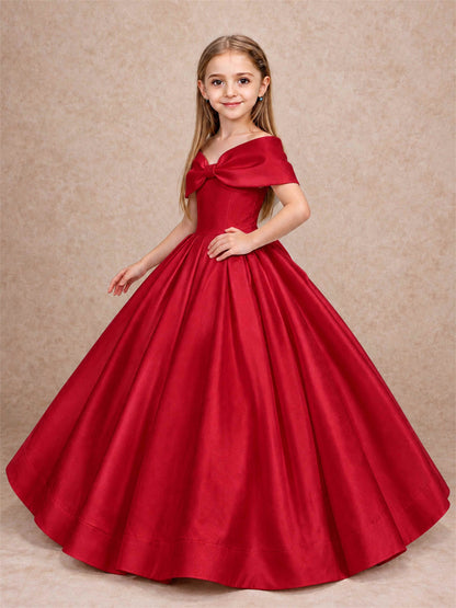 Off Shoulder Satin Flower Girl Dress with Bow Floor Length Princess Gown for Wedding First Communion