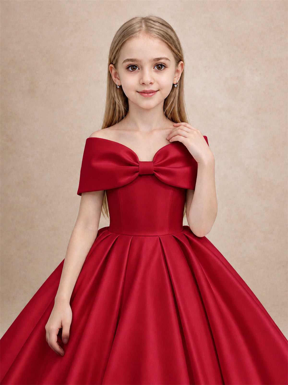 Off Shoulder Satin Flower Girl Dress with Bow Floor Length Princess Gown for Wedding First Communion