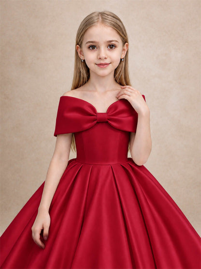 Off Shoulder Satin Flower Girl Dress with Bow Floor Length Princess Gown for Wedding First Communion