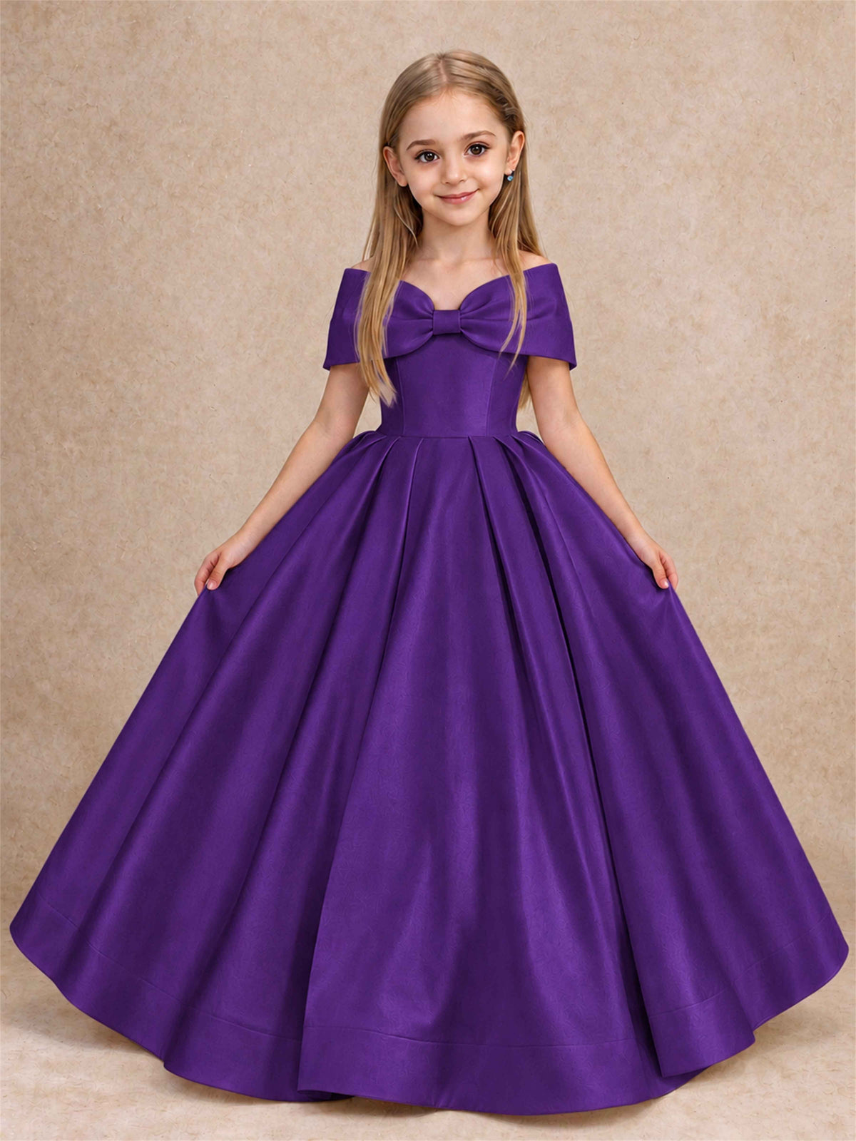 Off Shoulder Satin Flower Girl Dress with Bow Floor Length Princess Gown for Wedding First Communion
