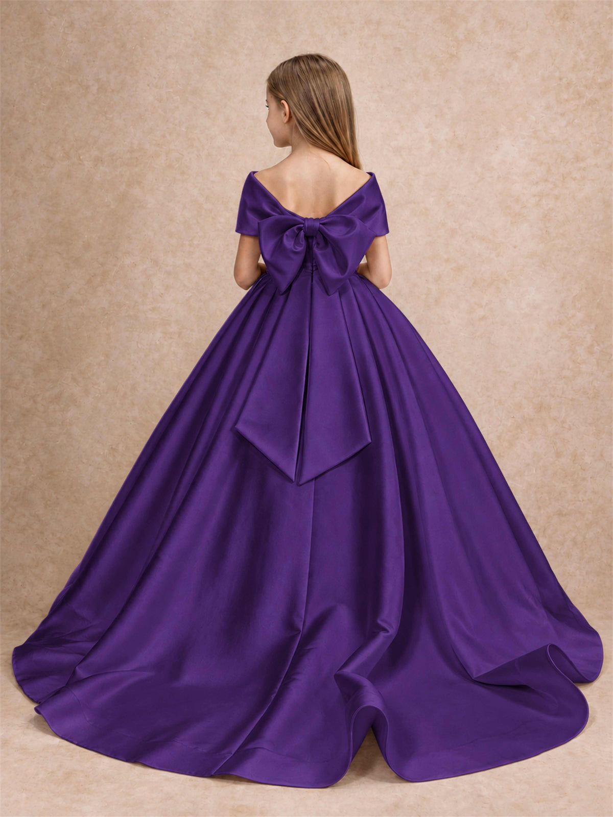 Off Shoulder Satin Flower Girl Dress with Bow Floor Length Princess Gown for Wedding First Communion