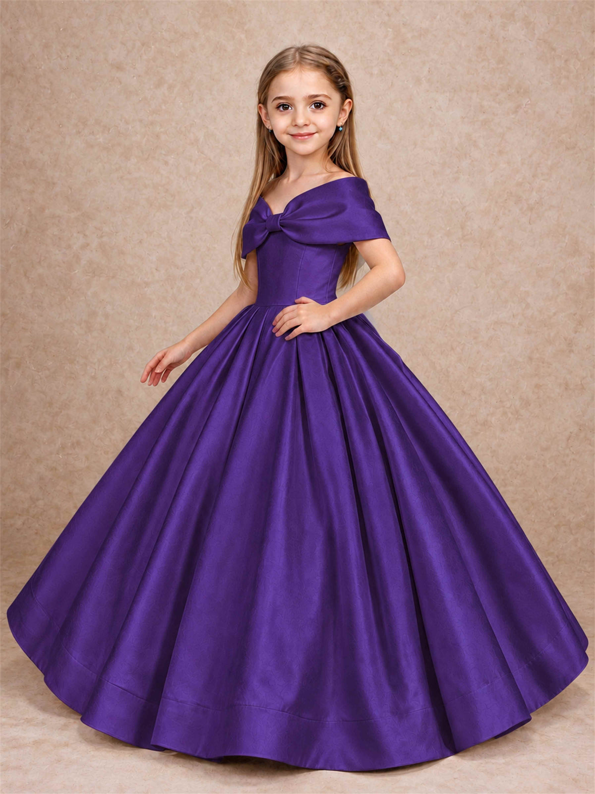 Off Shoulder Satin Flower Girl Dress with Bow Floor Length Princess Gown for Wedding First Communion