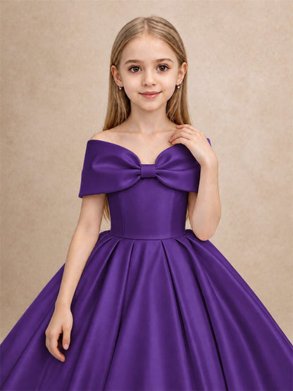 Off Shoulder Satin Flower Girl Dress with Bow Floor Length Princess Gown for Wedding First Communion
