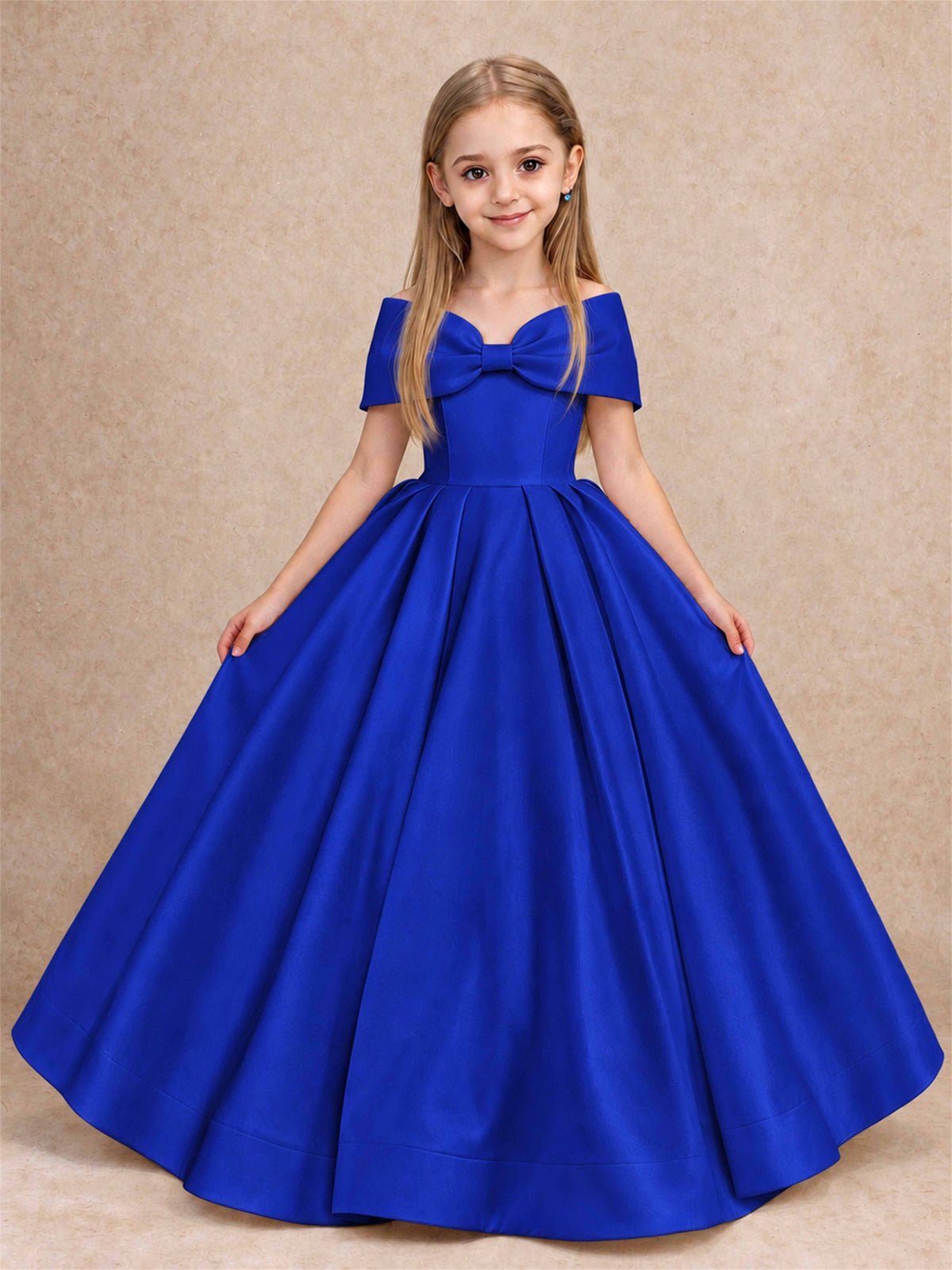 Off Shoulder Satin Flower Girl Dress with Bow Floor Length Princess Gown for Wedding First Communion
