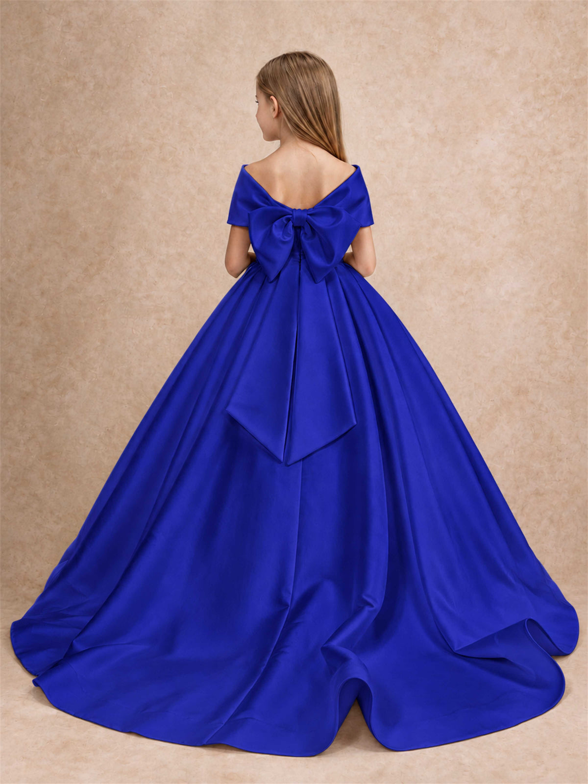 Off Shoulder Satin Flower Girl Dress with Bow Floor Length Princess Gown for Wedding First Communion