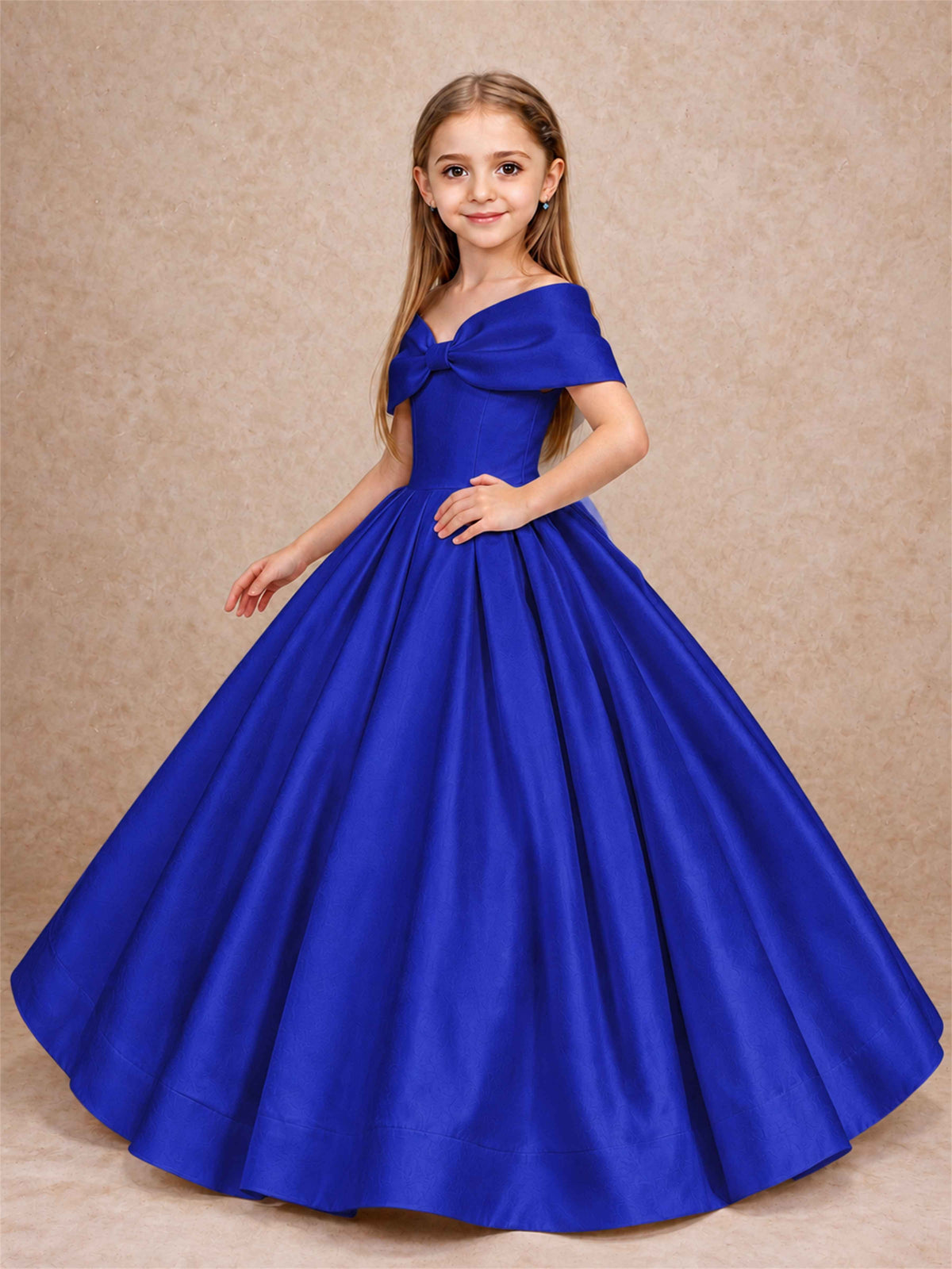Off Shoulder Satin Flower Girl Dress with Bow Floor Length Princess Gown for Wedding First Communion