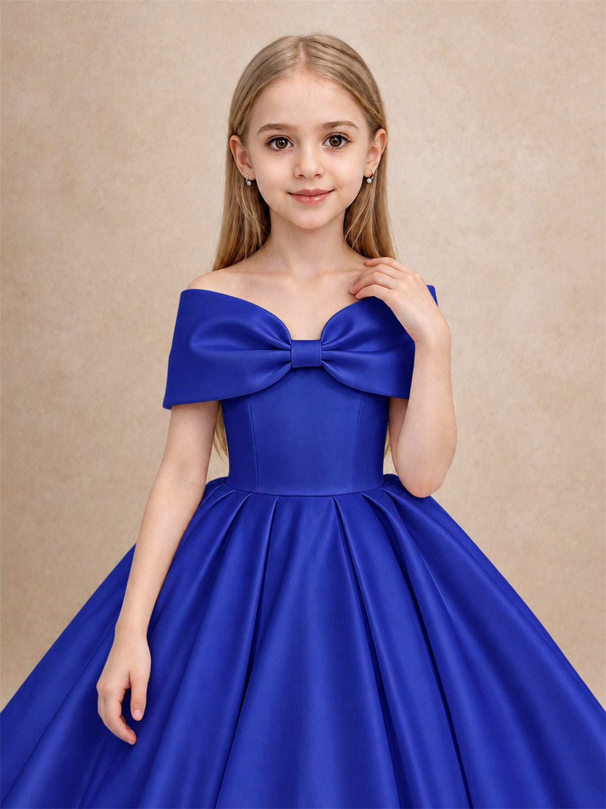 Off Shoulder Satin Flower Girl Dress with Bow Floor Length Princess Gown for Wedding First Communion