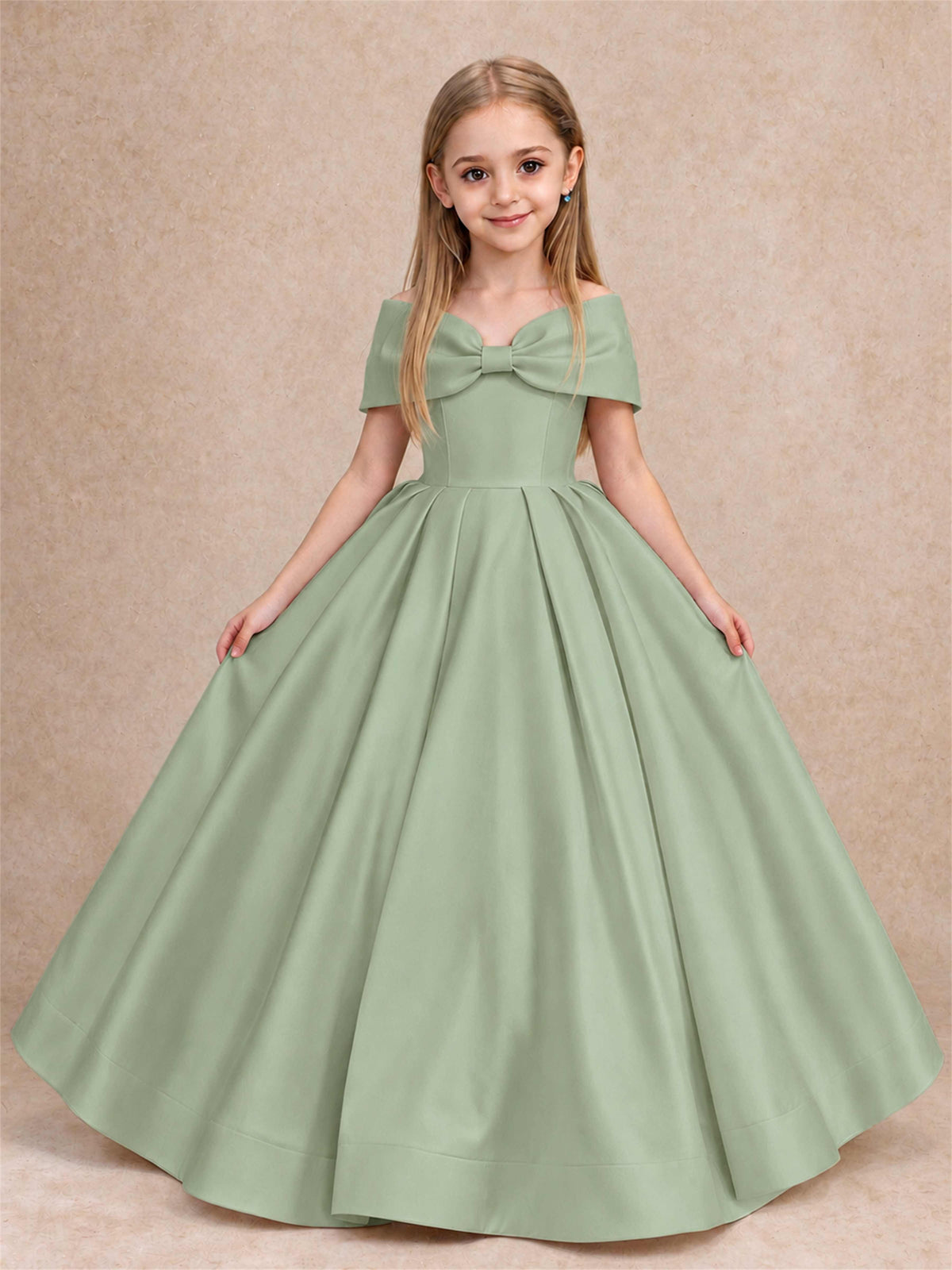 Off Shoulder Satin Flower Girl Dress with Bow Floor Length Princess Gown for Wedding First Communion