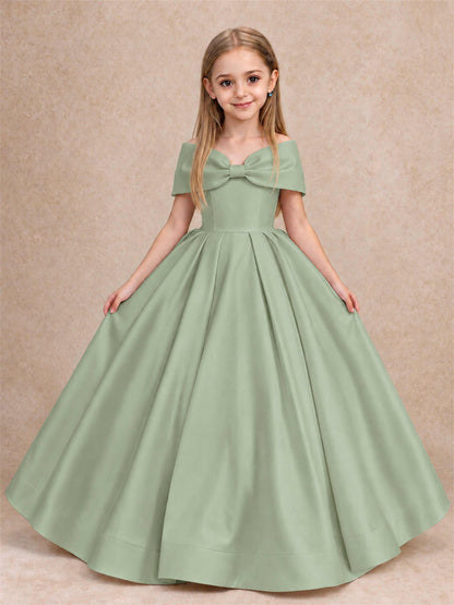 Off Shoulder Satin Flower Girl Dress with Bow Floor Length Princess Gown for Wedding First Communion