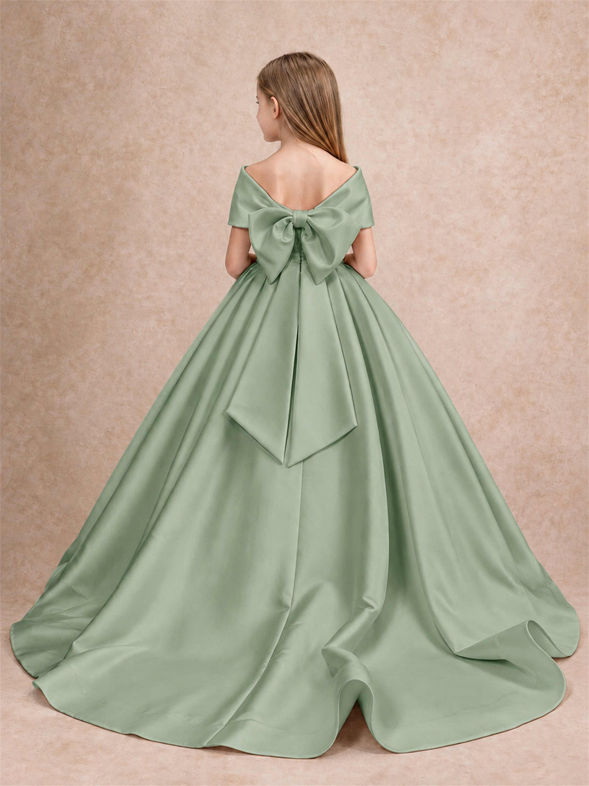 Off Shoulder Satin Flower Girl Dress with Bow Floor Length Princess Gown for Wedding First Communion