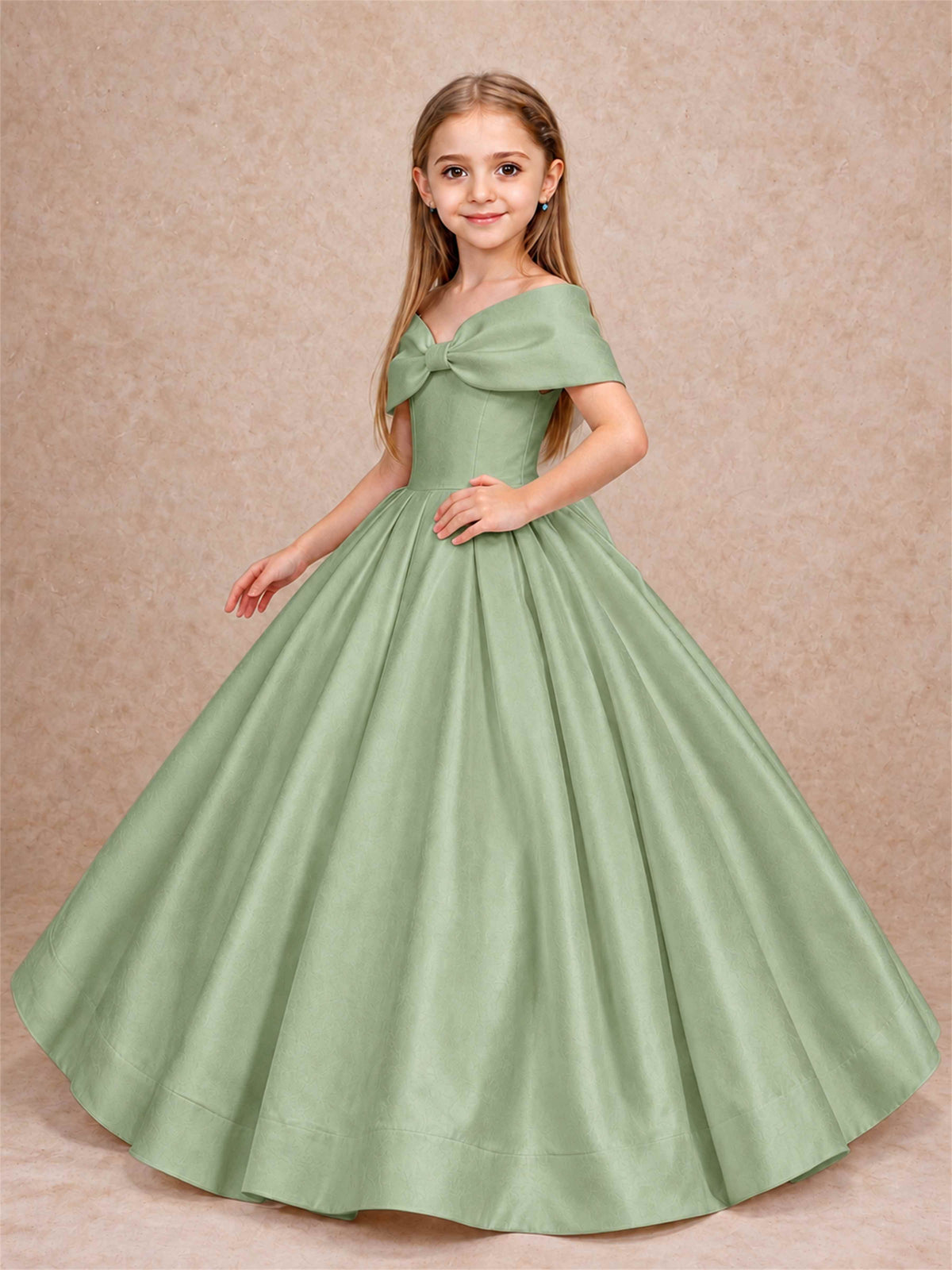 Off Shoulder Satin Flower Girl Dress with Bow Floor Length Princess Gown for Wedding First Communion