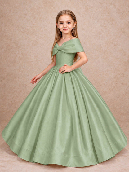 Off Shoulder Satin Flower Girl Dress with Bow Floor Length Princess Gown for Wedding First Communion