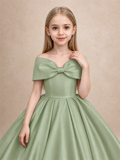 Off Shoulder Satin Flower Girl Dress with Bow Floor Length Princess Gown for Wedding First Communion