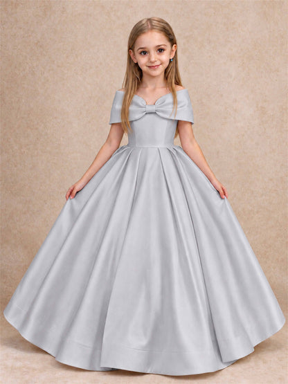 Off Shoulder Satin Flower Girl Dress with Bow Floor Length Princess Gown for Wedding First Communion