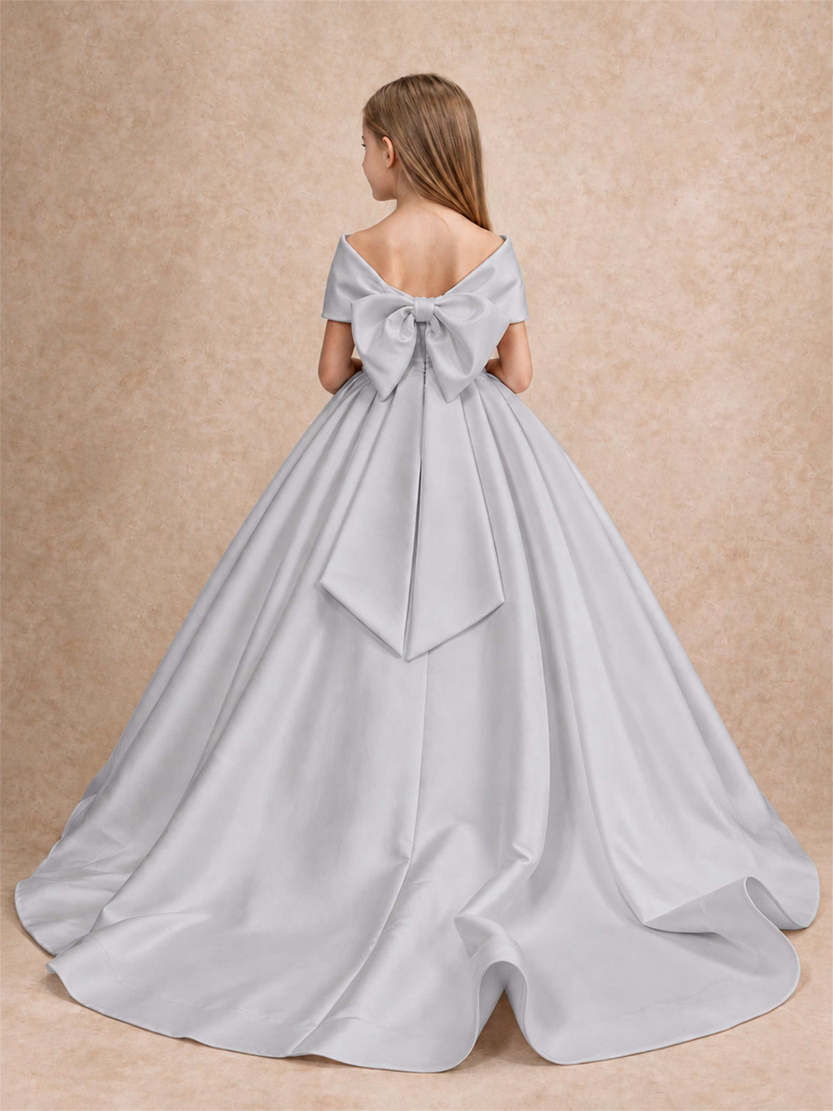 Off Shoulder Satin Flower Girl Dress with Bow Floor Length Princess Gown for Wedding First Communion