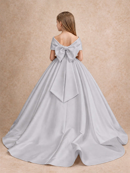 Off Shoulder Satin Flower Girl Dress with Bow Floor Length Princess Gown for Wedding First Communion