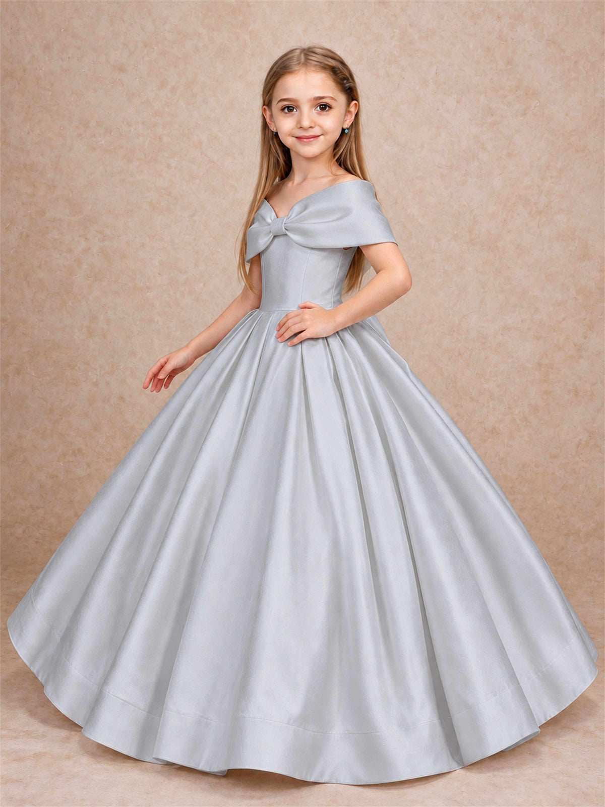 Off Shoulder Satin Flower Girl Dress with Bow Floor Length Princess Gown for Wedding First Communion