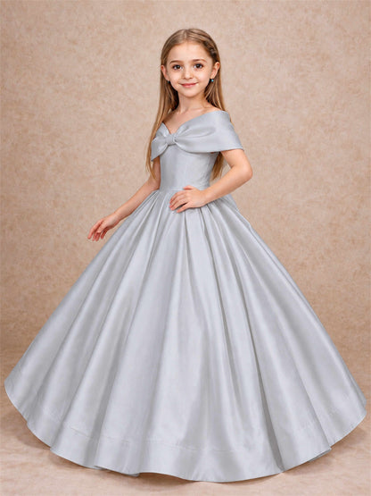 Off Shoulder Satin Flower Girl Dress with Bow Floor Length Princess Gown for Wedding First Communion
