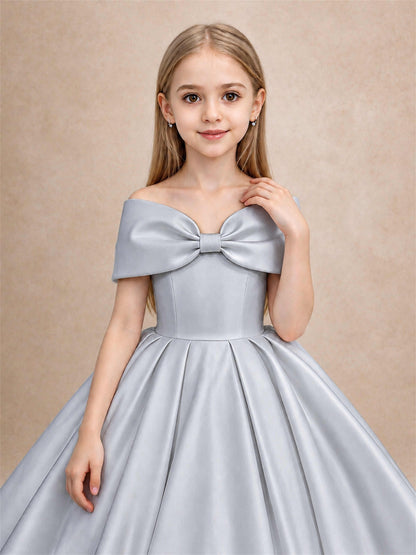 Off Shoulder Satin Flower Girl Dress with Bow Floor Length Princess Gown for Wedding First Communion