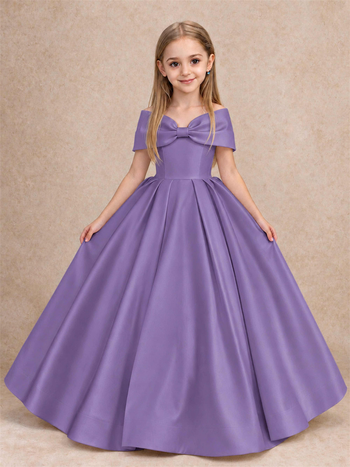 Off Shoulder Satin Flower Girl Dress with Bow Floor Length Princess Gown for Wedding First Communion