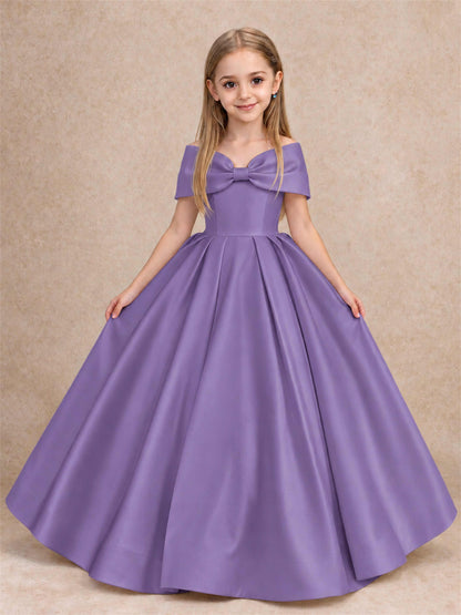 Off Shoulder Satin Flower Girl Dress with Bow Floor Length Princess Gown for Wedding First Communion
