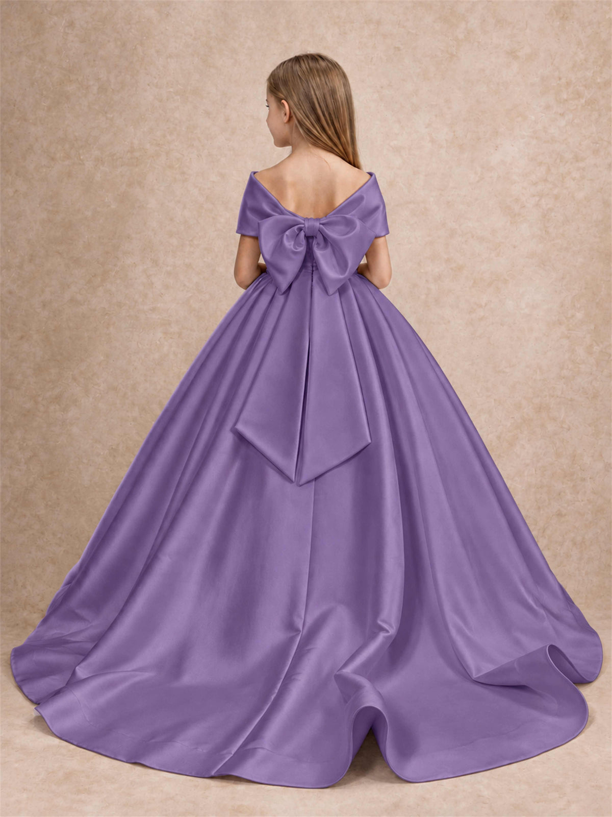 Off Shoulder Satin Flower Girl Dress with Bow Floor Length Princess Gown for Wedding First Communion