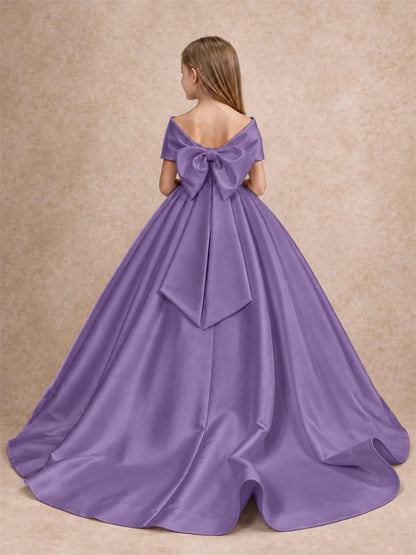 Off Shoulder Satin Flower Girl Dress with Bow Floor Length Princess Gown for Wedding First Communion