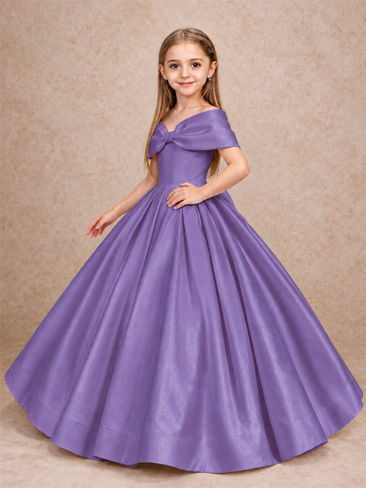 Off Shoulder Satin Flower Girl Dress with Bow Floor Length Princess Gown for Wedding First Communion
