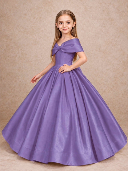 Off Shoulder Satin Flower Girl Dress with Bow Floor Length Princess Gown for Wedding First Communion