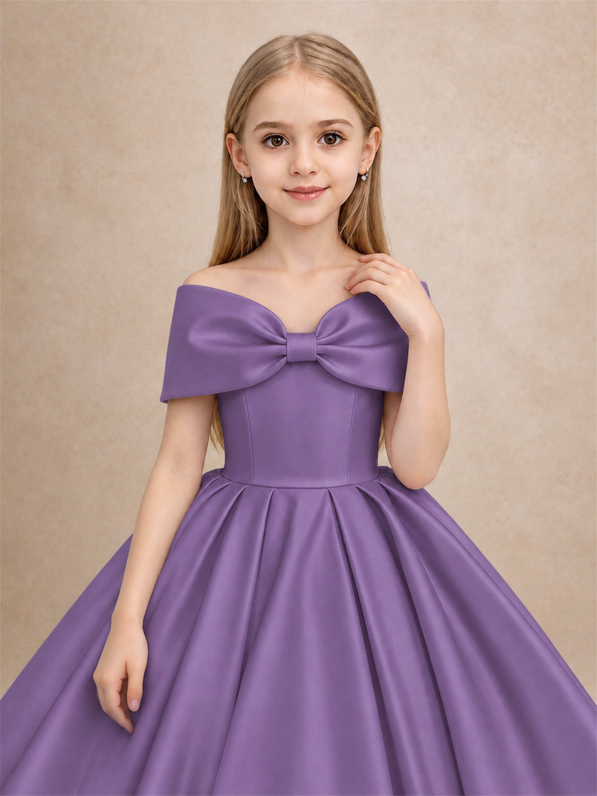 Off Shoulder Satin Flower Girl Dress with Bow Floor Length Princess Gown for Wedding First Communion