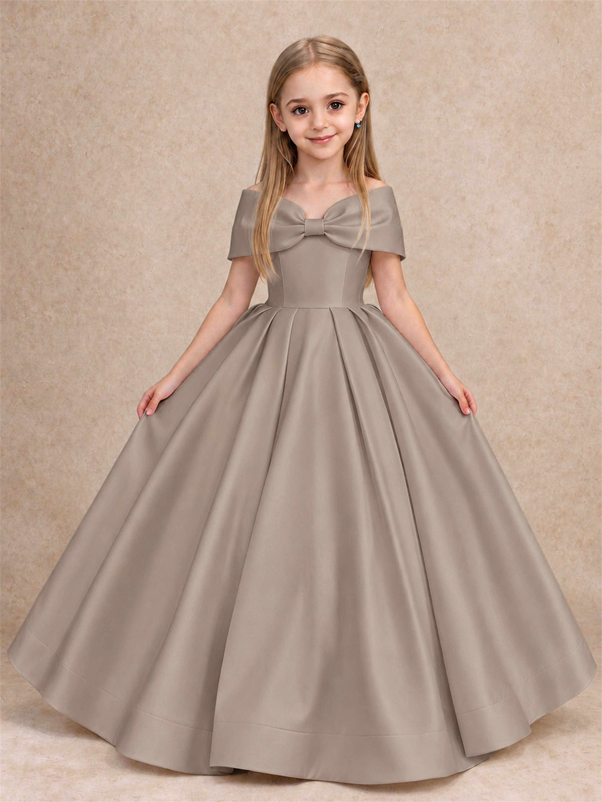 Off Shoulder Satin Flower Girl Dress with Bow Floor Length Princess Gown for Wedding First Communion