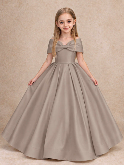 Off Shoulder Satin Flower Girl Dress with Bow Floor Length Princess Gown for Wedding First Communion