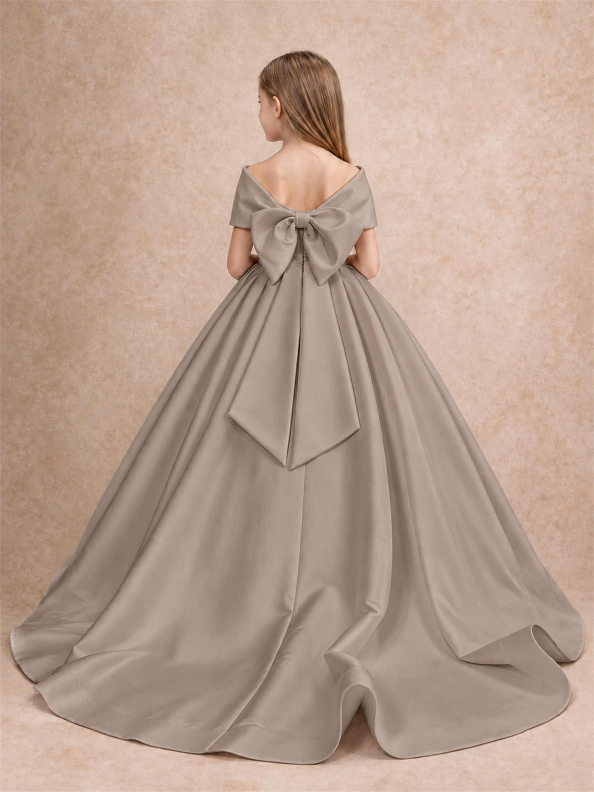 Off Shoulder Satin Flower Girl Dress with Bow Floor Length Princess Gown for Wedding First Communion