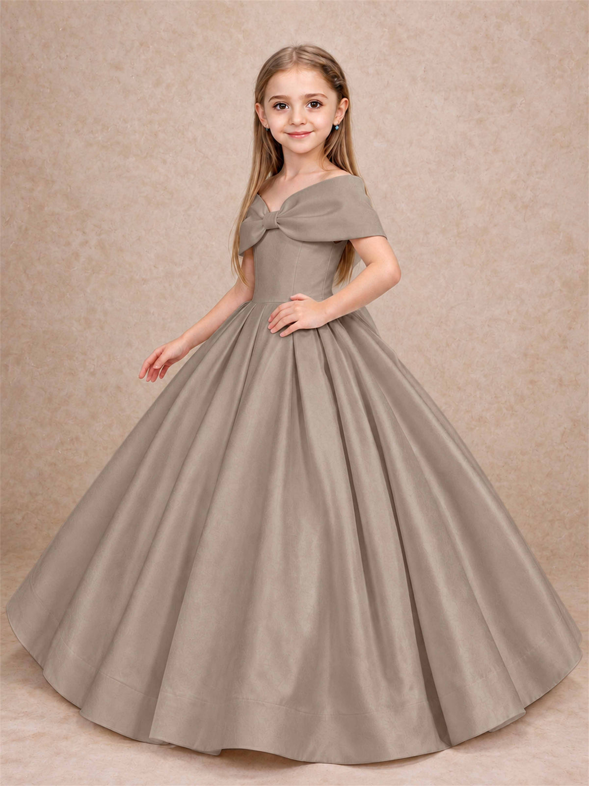 Off Shoulder Satin Flower Girl Dress with Bow Floor Length Princess Gown for Wedding First Communion