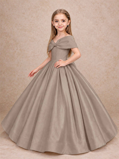 Off Shoulder Satin Flower Girl Dress with Bow Floor Length Princess Gown for Wedding First Communion