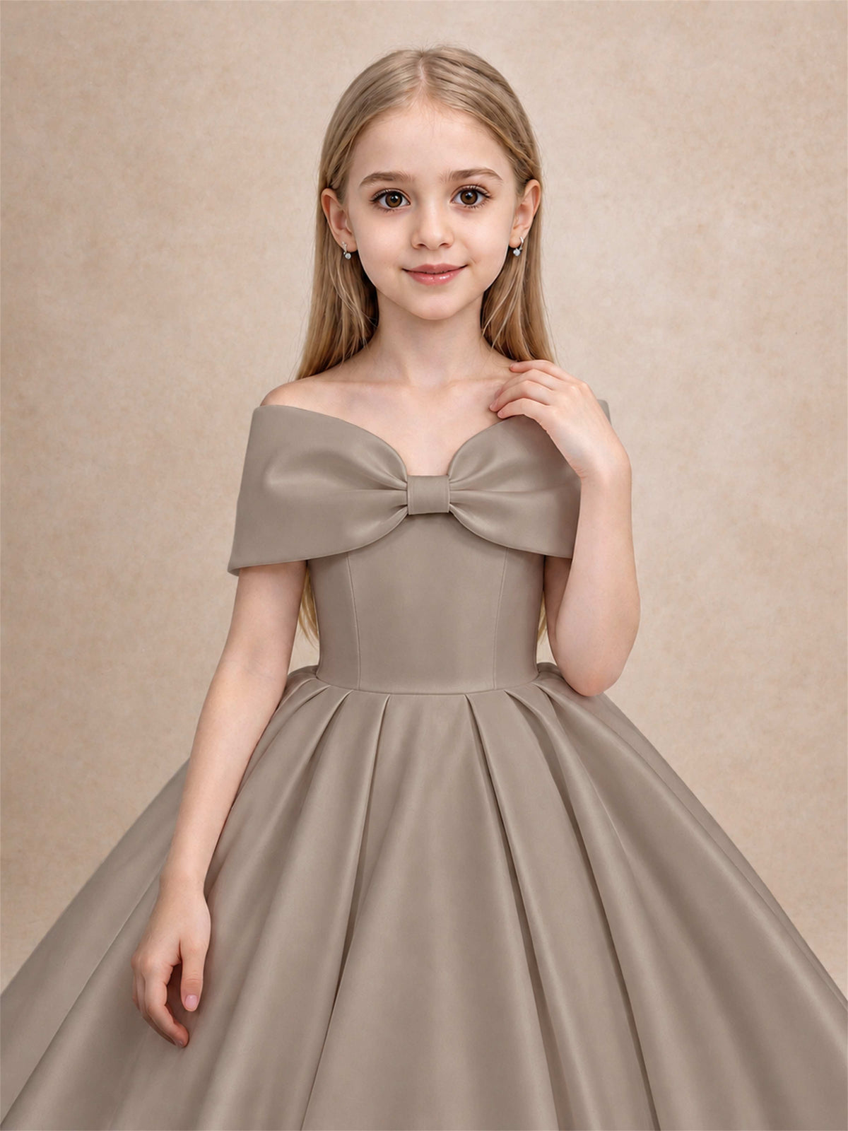 Off Shoulder Satin Flower Girl Dress with Bow Floor Length Princess Gown for Wedding First Communion