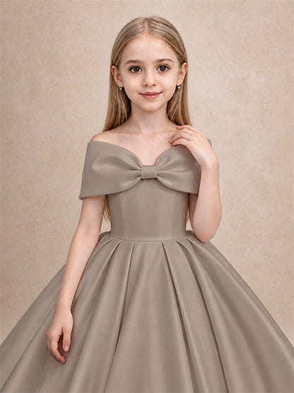 Off Shoulder Satin Flower Girl Dress with Bow Floor Length Princess Gown for Wedding First Communion