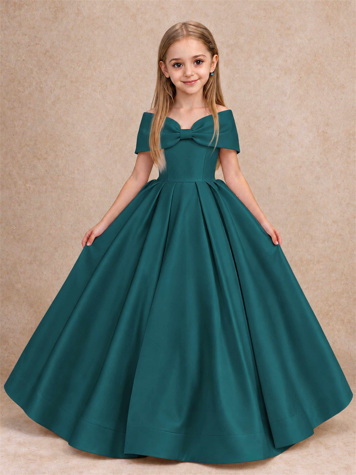 Off Shoulder Satin Flower Girl Dress with Bow Floor Length Princess Gown for Wedding First Communion