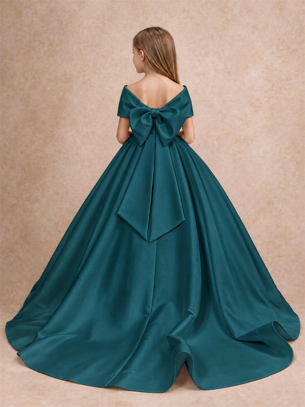 Off Shoulder Satin Flower Girl Dress with Bow Floor Length Princess Gown for Wedding First Communion