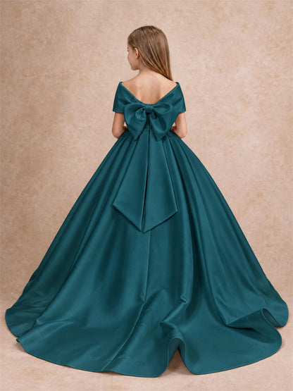 Off Shoulder Satin Flower Girl Dress with Bow Floor Length Princess Gown for Wedding First Communion