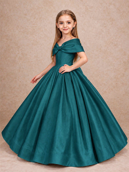 Off Shoulder Satin Flower Girl Dress with Bow Floor Length Princess Gown for Wedding First Communion