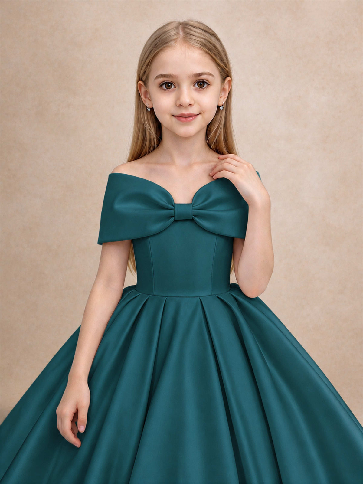 Off Shoulder Satin Flower Girl Dress with Bow Floor Length Princess Gown for Wedding First Communion