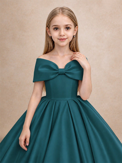 Off Shoulder Satin Flower Girl Dress with Bow Floor Length Princess Gown for Wedding First Communion