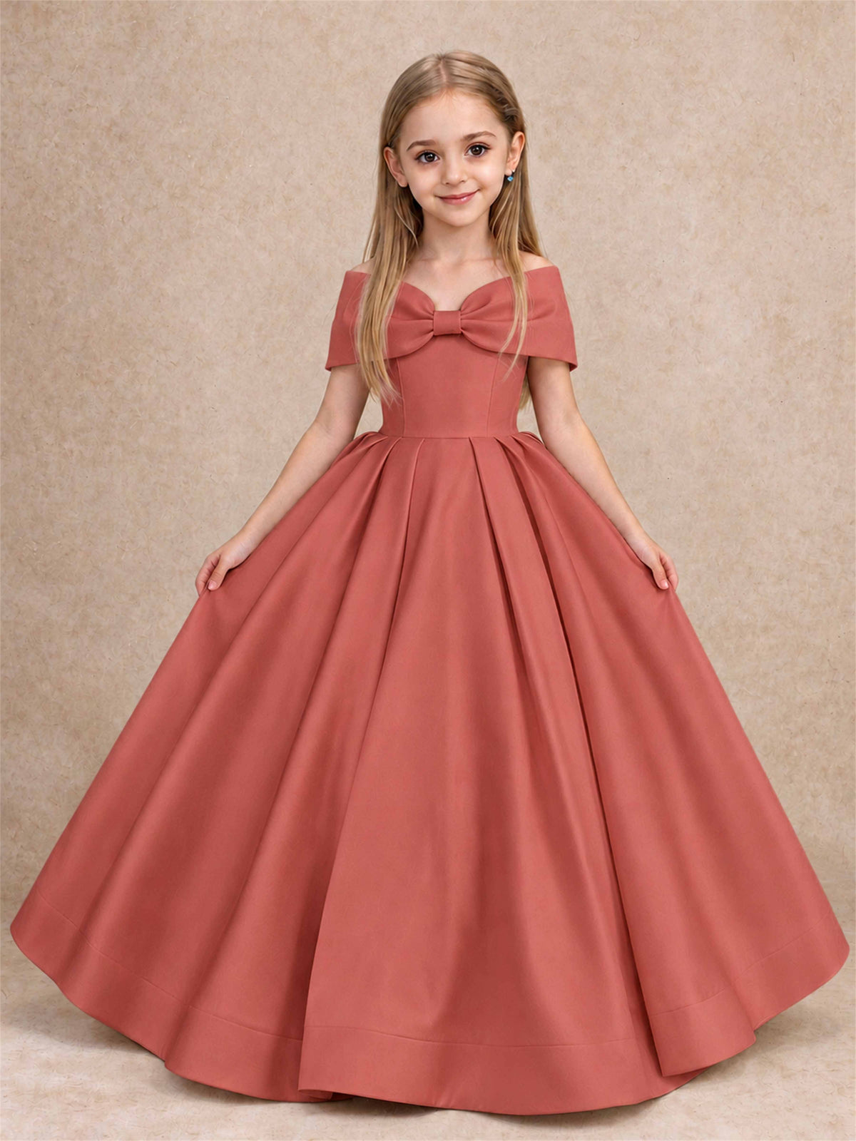 Off Shoulder Satin Flower Girl Dress with Bow Floor Length Princess Gown for Wedding First Communion