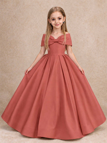 Off Shoulder Satin Flower Girl Dress with Bow Floor Length Princess Gown for Wedding First Communion