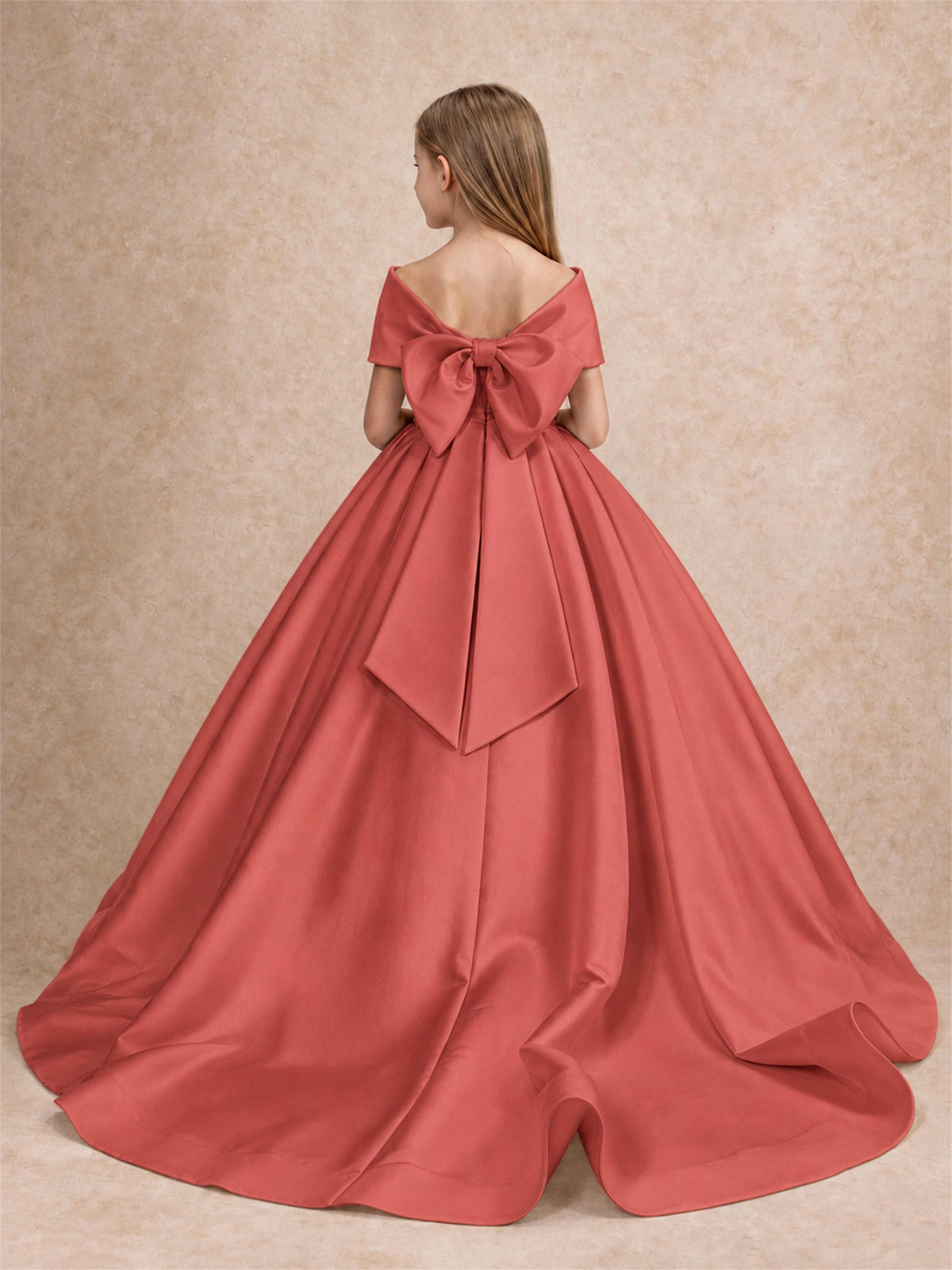 Off Shoulder Satin Flower Girl Dress with Bow Floor Length Princess Gown for Wedding First Communion