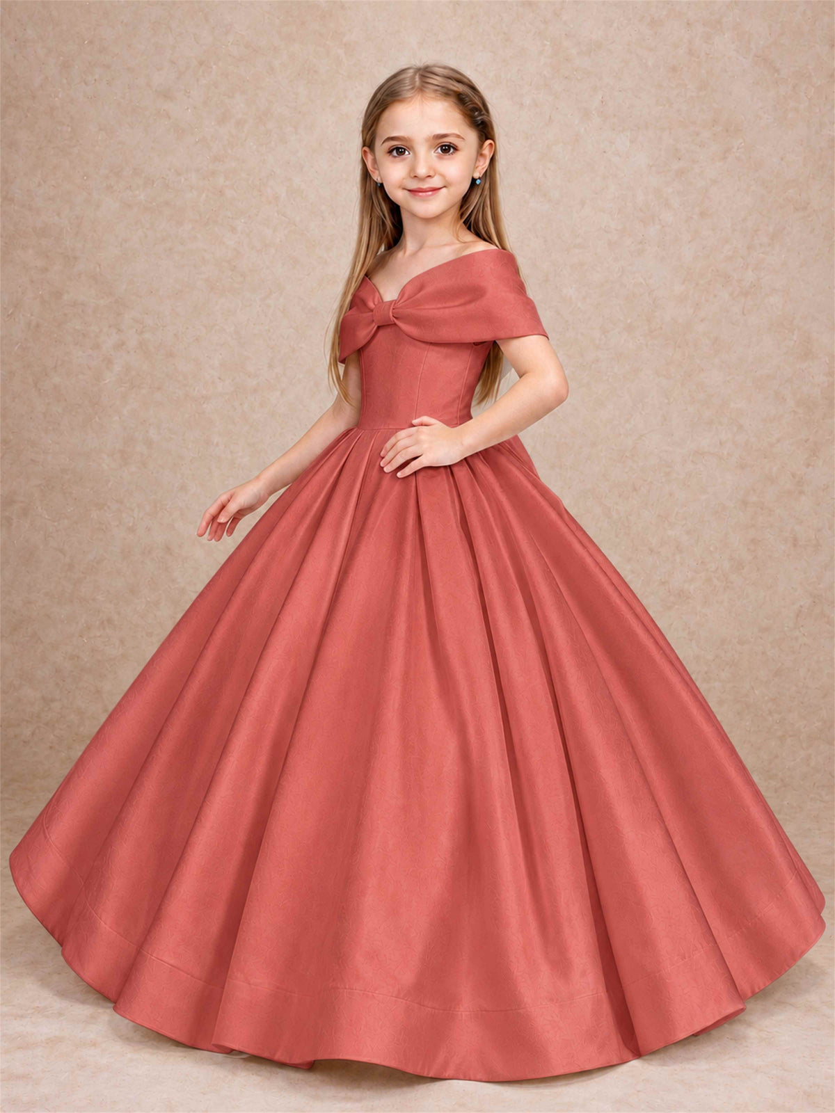 Off Shoulder Satin Flower Girl Dress with Bow Floor Length Princess Gown for Wedding First Communion