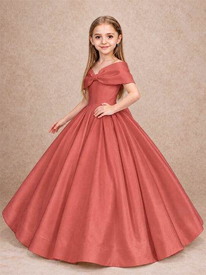 Off Shoulder Satin Flower Girl Dress with Bow Floor Length Princess Gown for Wedding First Communion